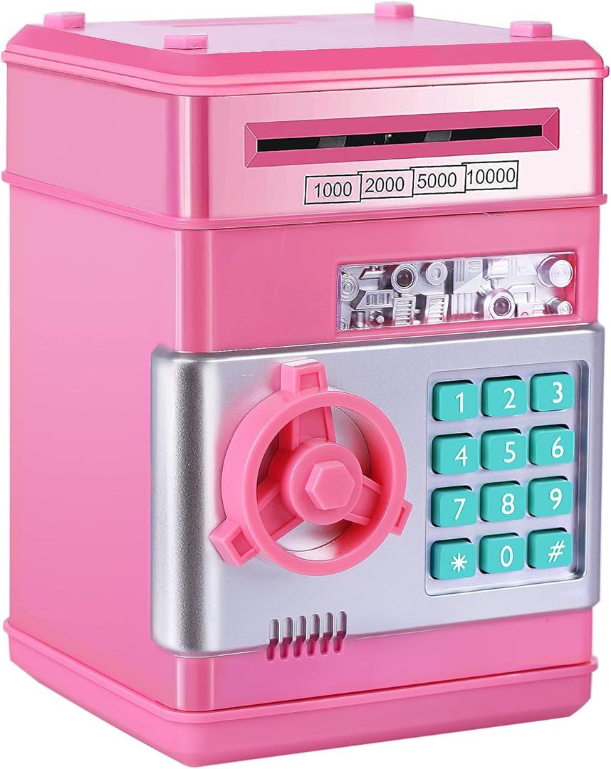 GuDoQi Piggy Bank for Girls Electronic Coin Money Bank Toy for 3 4 5 6 7 8 9 10 Year Old Children, Mini ATM Cash Coin Saving Box for Birthday Gifts Kids Age 3-10, Pink
