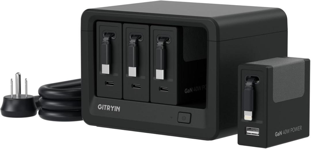 Gitryin 12-in-1 Desktop Charging Station with 3 Retractable Type-C Chargers and 1 Lightning Charger, 160W USB-C Charging Hub with 33.5in Cable, 4 AC, 1 USB A Port, 3 USB C Ports