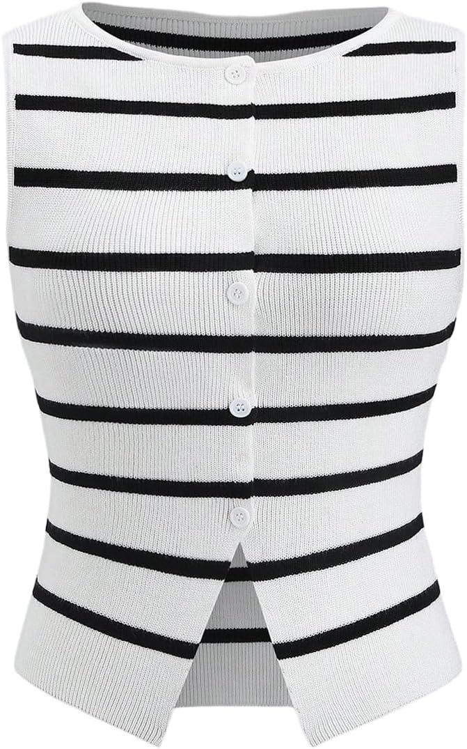 GORGLITTER Women's Sleeveless Striped Sweater Vest Dressy Button Down Knit Business Casual Cardigan (S)
