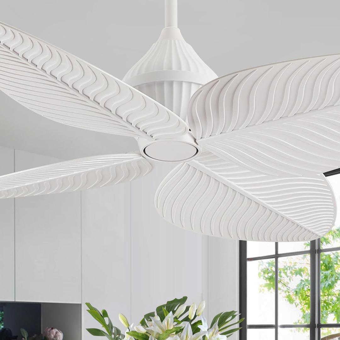52" White Tropical Ceiling Fans, Flush Mount Palm Leaf Ceiling Fan no Light, Indoor Ceiling Fans Without Light for Living Room Bedroom Kitchen Covered Gazebo, APP and Remote Control