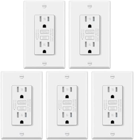 ELECTECK 5 Pack GFCI Outlets 15 Amp, Tamper Resistant (TR), Ultra Slim GFI Receptacles with LED Indicator, Ground Fault Circuit Interrupter, Decor Wallplate Included, ETL Listed, White