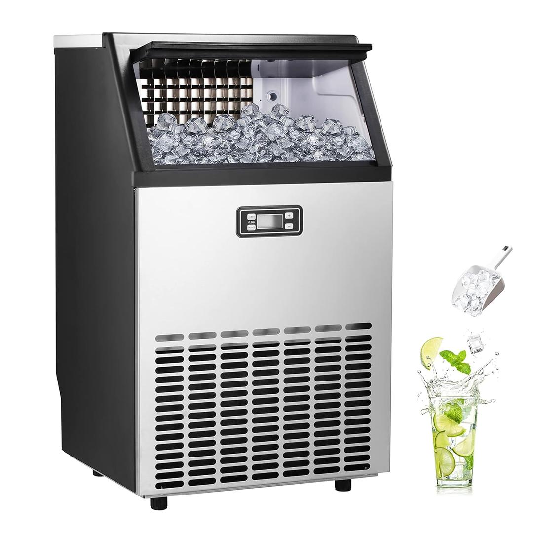 Ice Maker, Commercial Ice Machine,100Lbs/Day, Stainless Steel Ice Machine with 48 Lbs Capacity, Ideal for Restaurant, Bars, Home and Offices, Includes Scoop Silver