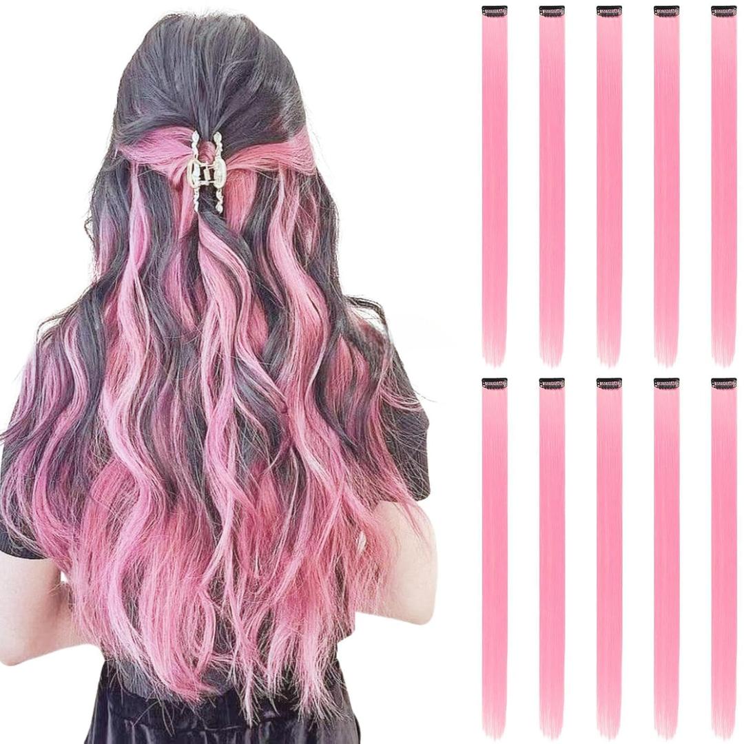 Colored Hair Extensions Clip in, Light Pink 10 Pieces 22 Inch, for Women Play Highlights, Synthetic