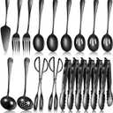19 Pieces Serving Flatware Set Including Stainless Steel Spatulas, Forks, Spoons, Perforated, Soup, Skimmers Spoon, Buffet Tongs, Heavy Duty Serving Tongs for Home(Black)