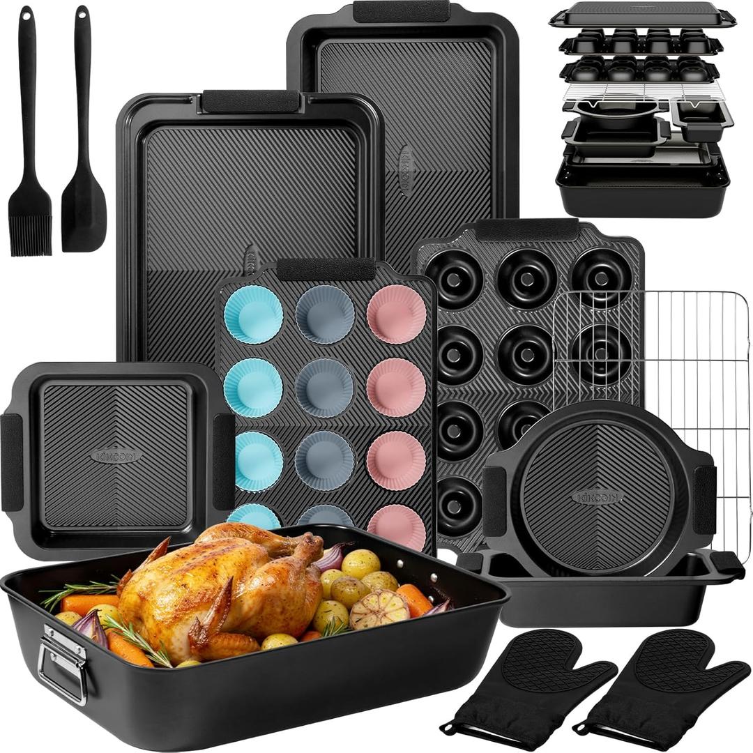 Kikcoin 25 PCS Stackable Baking Pans Set, Non-stick Bakeware Sets with Silicone Handles, 450F Oven Safe Cookie Sheets for Baking, Easy Release Heavy-duty Baking Sheets Non Stick, Black
