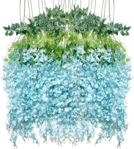 WONICE Artificial Flowers Hanging Flowers, Fake Wisteria Flower Garland Silk Vines Rattan String Decor for Home Wedding Arch Wall Garden Greenery Bedroom Outdoor Office Party Decoration (36, Blue)