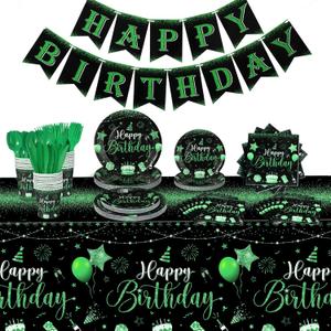Vesici 171 Pcs Happy Birthday Party Supplies 24 Set Disposable Party Tableware include Plates Cups Napkins Cutlery and Banner Tablecloth Birthday Dinner Decorations for Men Woman(Black, Green)