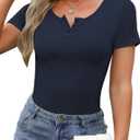 GKBK Women's 2026 Summer Short Sleeve Tops Ribbed Henley Button Up Slim Fit Basic Casual T Shirts Blouse Dark Blue M (M)