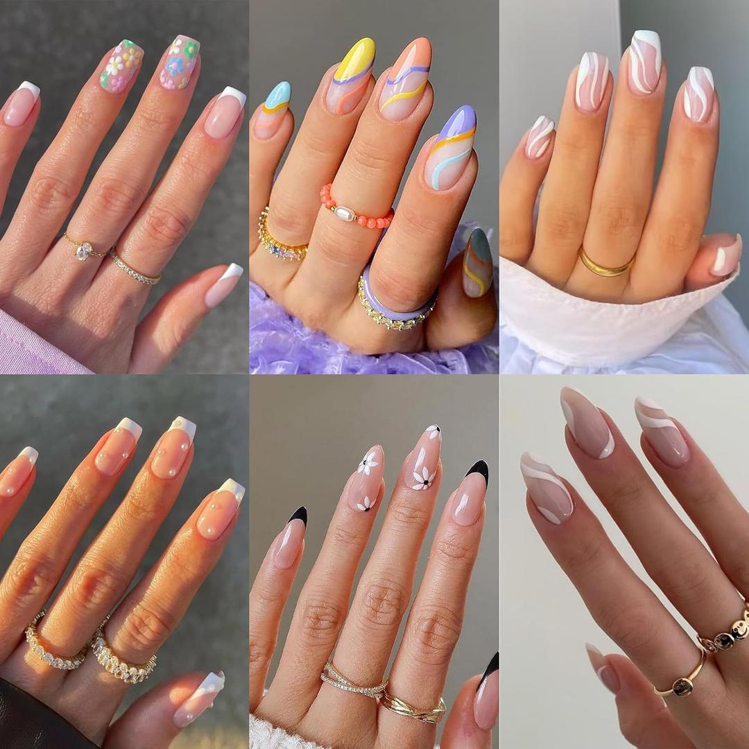 2 x 6 Packs (144 Pcs) Press on Nails Medium Design, OPkssnails Press On Nails Medium Almond and Square, Glue on Nails Kit with Nail Glue Adhesive Tabs, Gel Fake Nails for Women