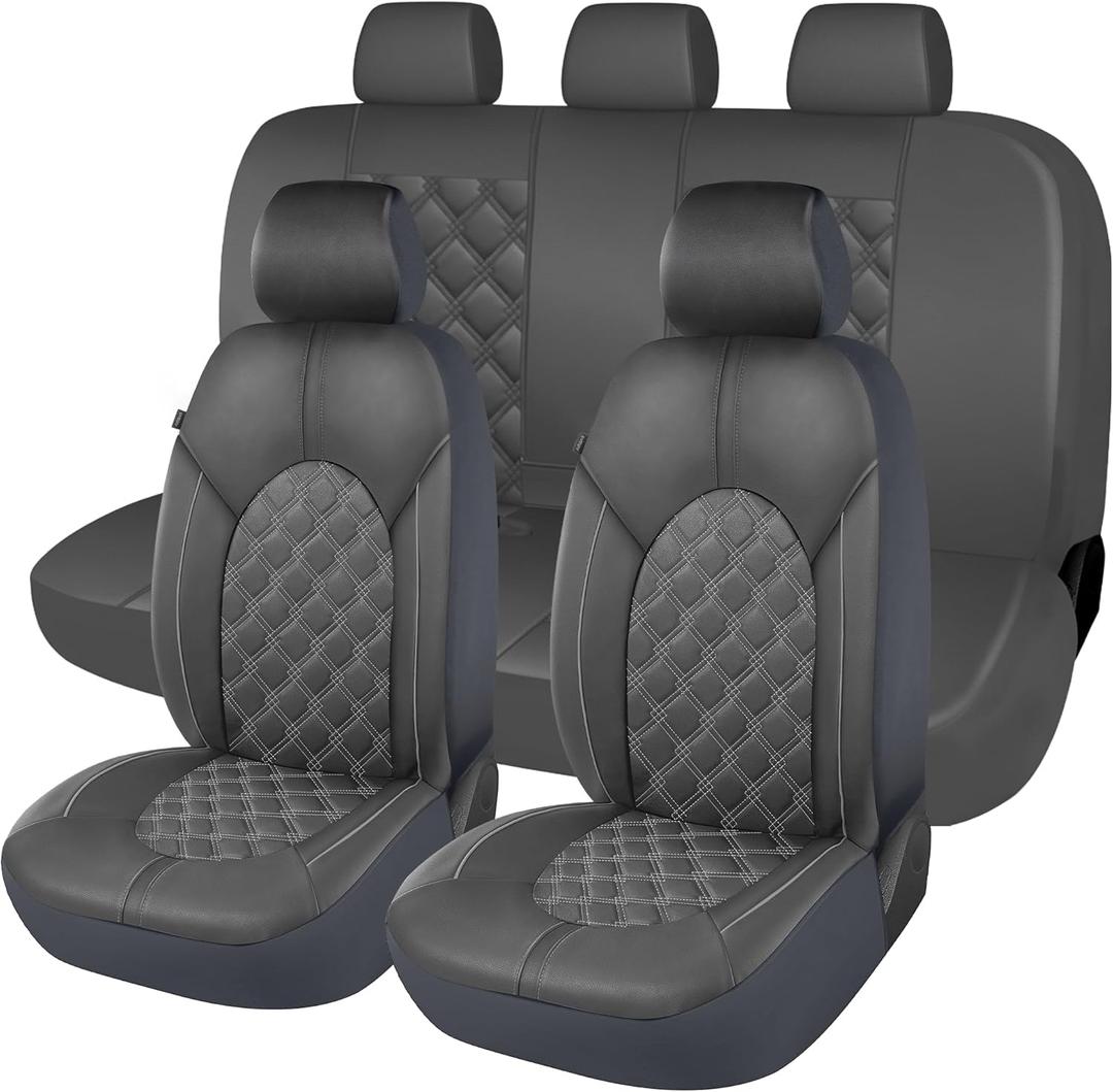 CAROMOP Luxury PU Leather Car Seat Covers Full Set-Waterproof Seat Protectors with Split Bench Seat Covers for Cars-Universal Cars Interior Covers for Sedans, SUVs, Pick-up Trucks(Gray/Gray Line)