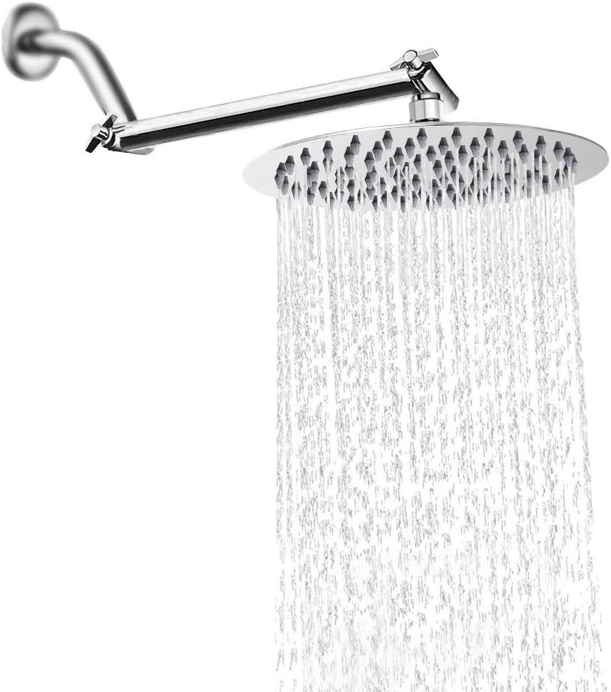 NearMoon Rain Shower Head with 11'' Adjustable Arm, High Pressure Stainless Steel Rainfall Shower, Ultra-Thin Design - Pressure Boosting (10 Inch, Chrome)