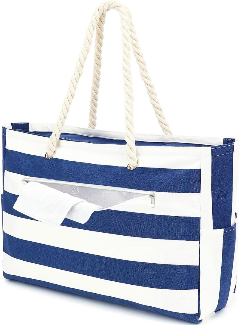 Fammart Beach Bags for Women, Large Canvas Tote Bag with Wet Pocket & Zipper, Waterproof Sandproof Pool Travel Bag