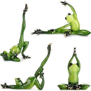JUXYES Set of 4 Creative Resin Yoga Frogs Figurine Decor, 4 Different Yoga Pose Frog Sculpture Statue, Personalized Animal Collectible Figurines Mascot Frog Resin Crafts for Shelves Table Desk Decor