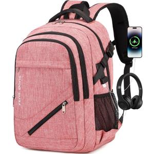 FENGDONG Large Laptop Backpack 17.3 inch Durable Waterproof Travel College Backpack Bookbag for Men & Women Business Backpack with USB Charging Port and Headset Port Light Pink
