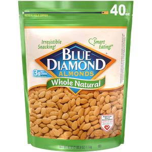 Blue Diamond Almonds Whole Natural Raw Snack Nuts, 40 Oz Resealable Bag (Pack of 1), Best By: 06/19/2027