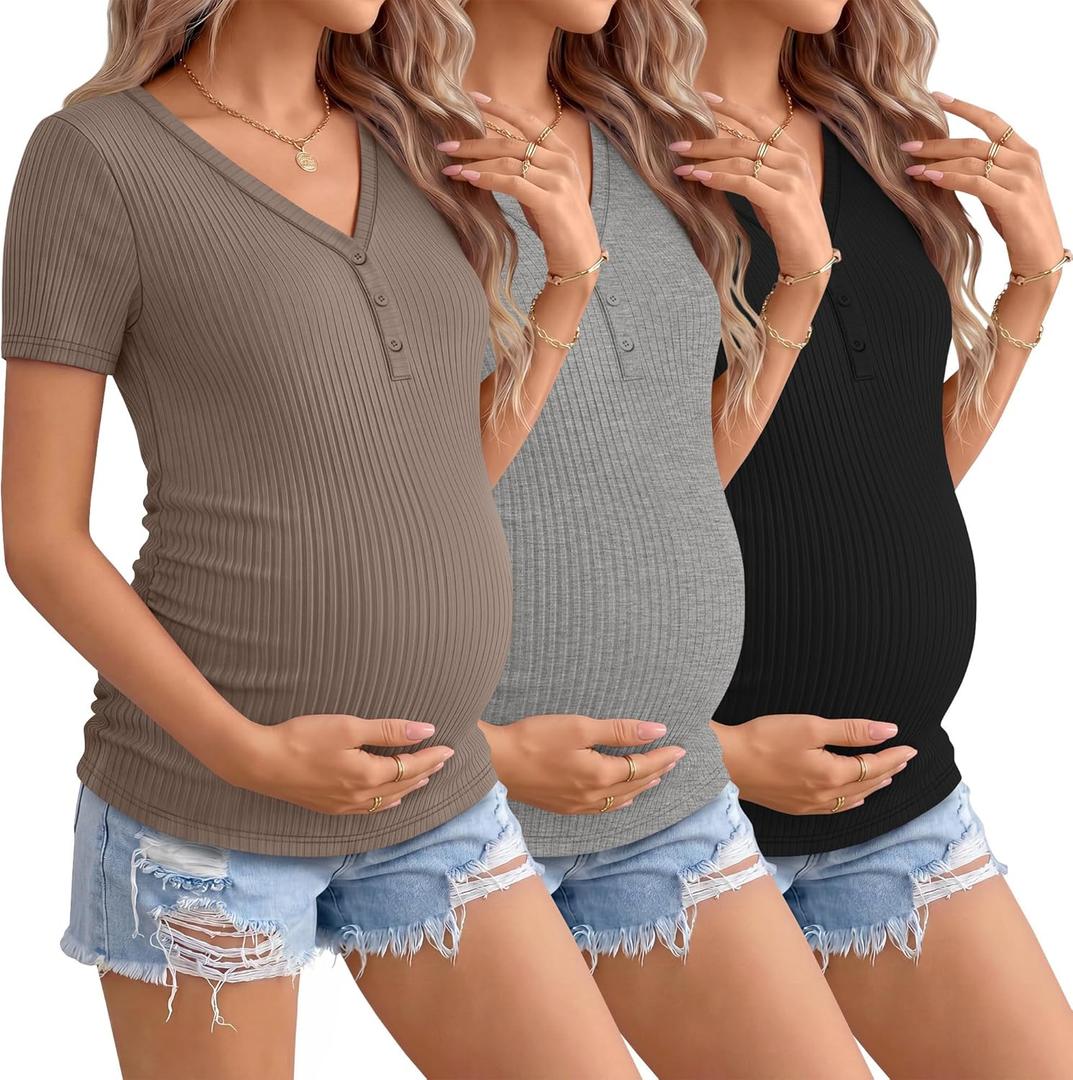 3 Pack Womens Maternity Shirts Short Sleeve Cotton Ribbed V Neck Pregnancy Clothes Casual Henley Side Ruched Tees (Small, Light Coffee, Light Heather Gray, Black)