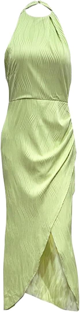 Akklian Women's Sexy Backless Sleeveless Bodycon Maxi Dress Party Club High Neck Side Slit Wedding Guest Dresses Formal Dress (Medium, Green)
