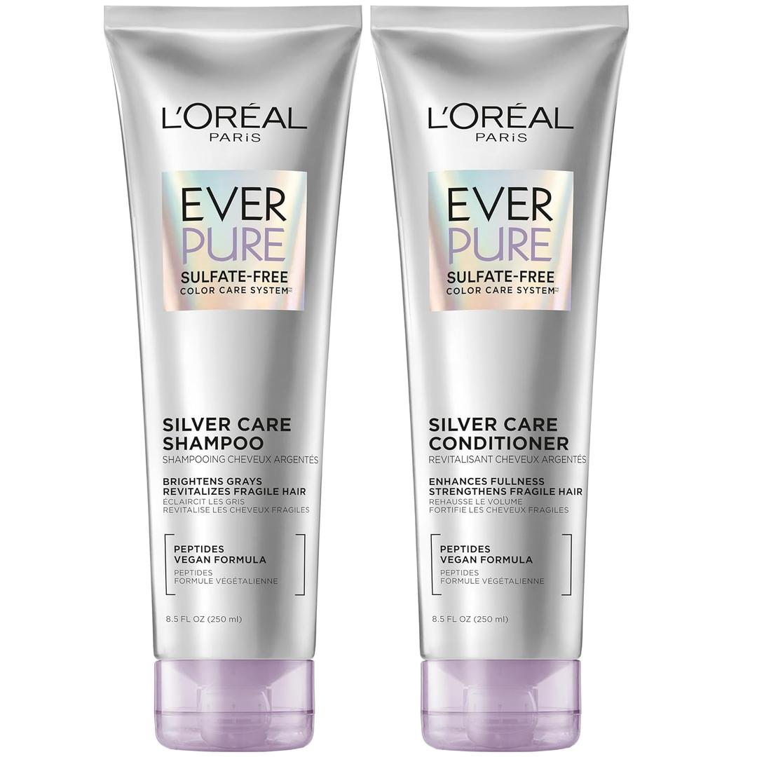 L'Oreal Paris EverPure Silver Care Sulfate Free Shampoo and Conditioner Set, Nourishing Vegan Formula with Peptides for Brightening Gray Hair, 1 Kit