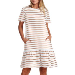 MITILLY Women's Casual Summer T Shirt Dress 2025 Striped Loose Short Sleeve Tunic Dress with Pockets (Brown) Small 