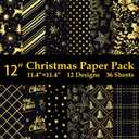 12" Christmas Pattern Paper & Sticker Kit Black Gold Scrapbook Premium Specialty Paper Double-Sided 12"x12" with 12 Designs 36 sheets for Scrapbooking Card Making Crafting