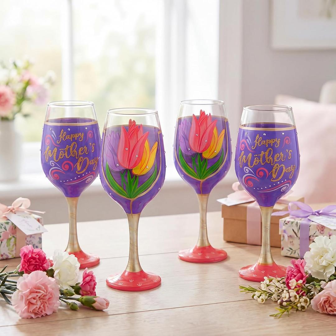 SiliFine 4 Pcs Tulip Party Stemmed Wine Glasses Hand Painted Tulip Flower Drinking Cup Wine Glasses Gifts for Mom Grandmother Mother in Law Birthday Holiday Party Supplies, 23.5 x 10 x 10 cm/ 9.25 x 3.93 x 3.93 inches