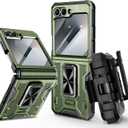 VEGO for Z Flip 6 Case with Hinge Protection, for Samsung Z Flip 6 Case with 360 Rotatable Ring Kickstand & Built-in Screen Protector & Belt Clip Holster Shockproof Cover - Green
