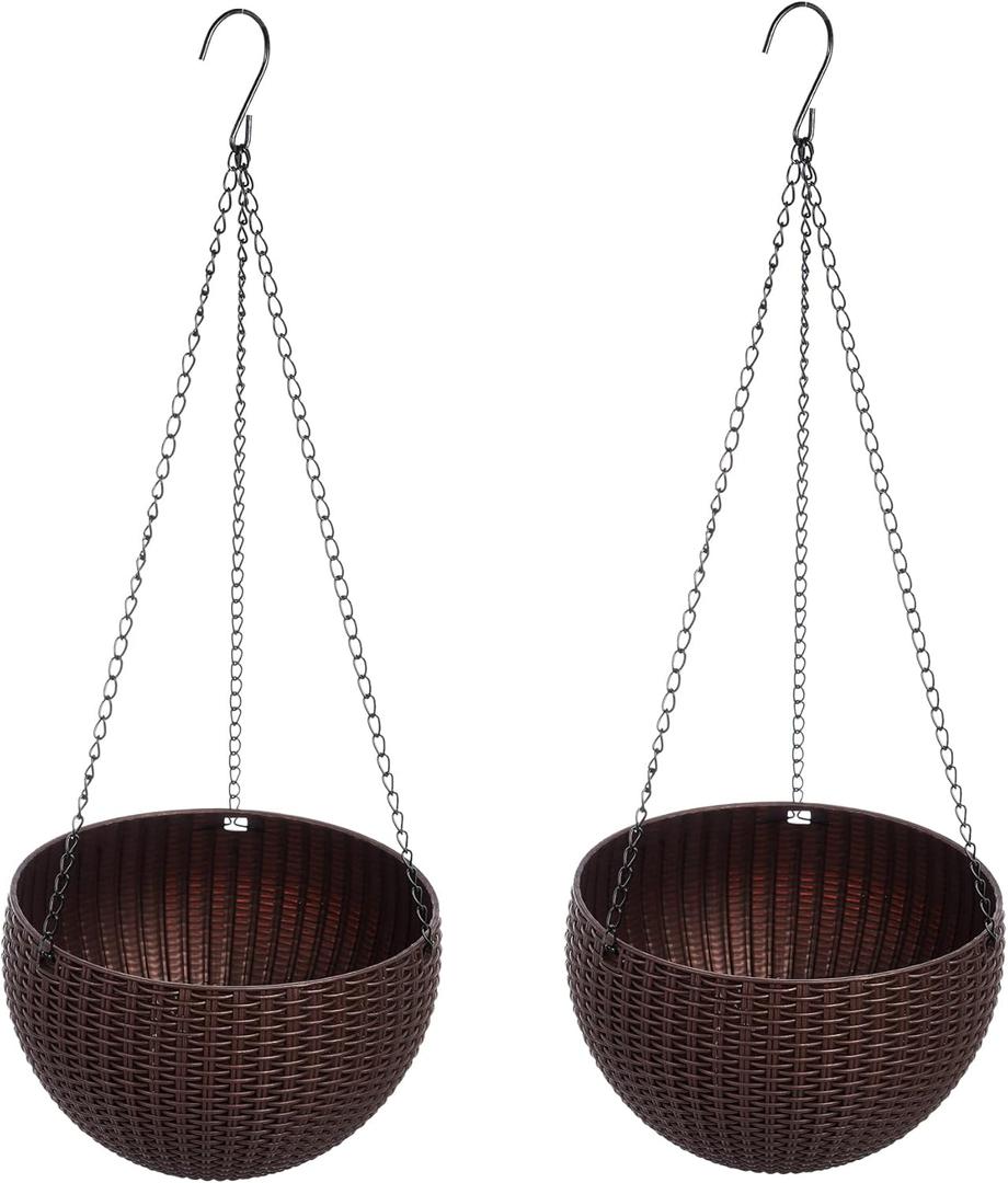 Hanging Basket Plastic Flower Pot Round Resin Garden Hanging Planter for Indoor Outdoor Plants, 2 Pack Brown (8 Inch Brown)