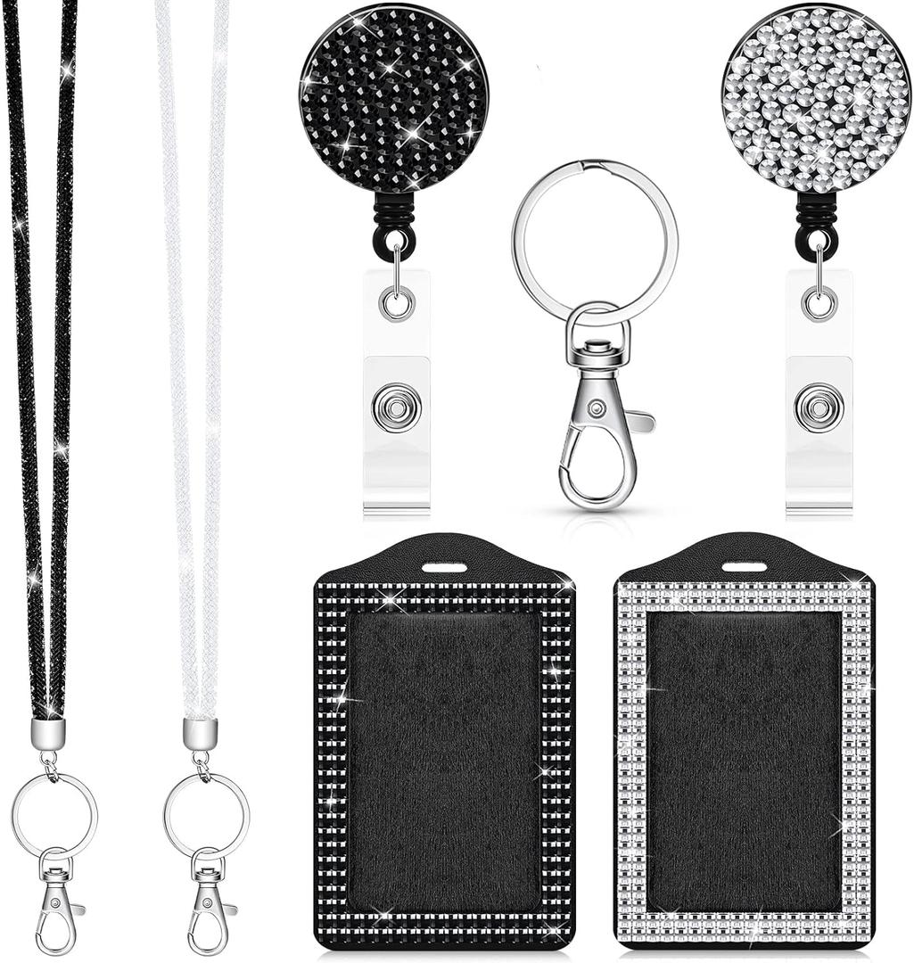 Chinco 2 Set Rhinestone Bling Lanyards for ID Badges Holder Crystal ID Card Holder Retractable Lanyard with Metal Clasp Key Ring for Women Office School Travel(Black, White)