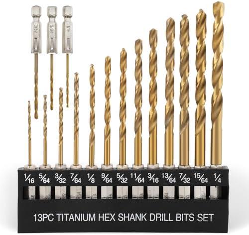 COMOWARE Titanium Twist Drill Bit Set - 16 Pcs Hex Shank High Speed Steel for Wood Plastic Aluminum Alloy, Quick Change, 1/16"-1/4"