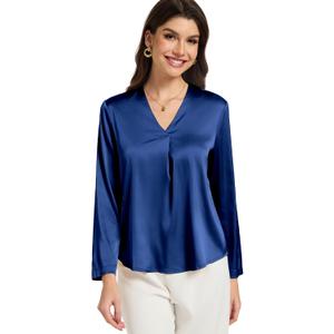 Womens Silk Satin Blouses V Neck Long Sleeve Tops Casual Dressy Shirts (Blue)