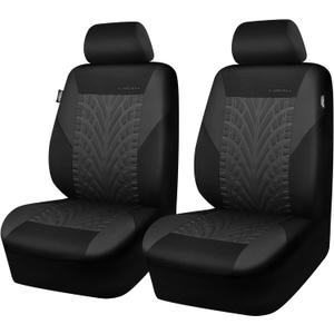 CAR PASS Emboss Tyre Front Seat Covers, Universal Fit Elastic Breath Premium Cloth seat Covers Front Seats only for Truck SUV Sedan, Airbag Compatible, Charcoal on Black