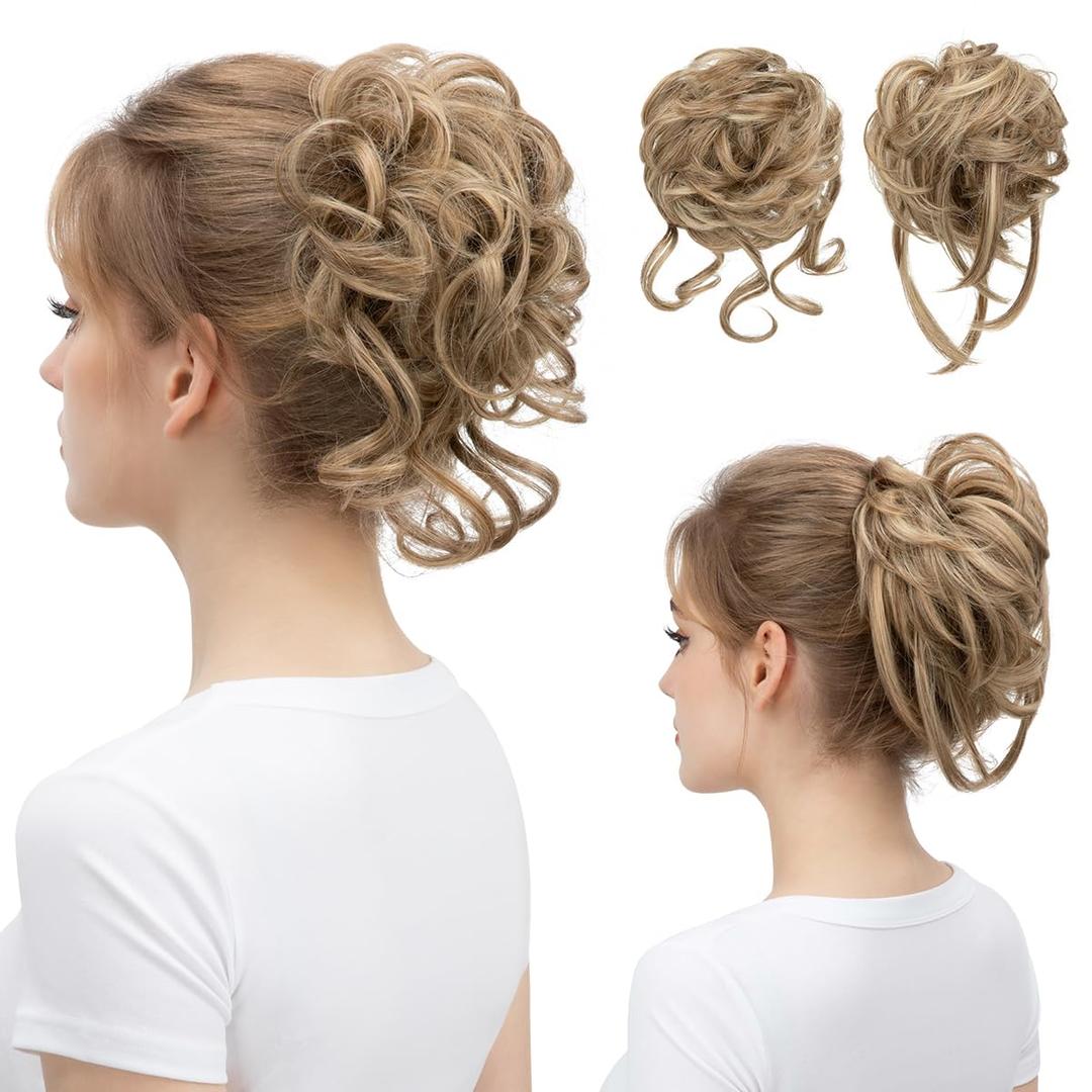 SARLA 2PCS Messy Bun Hair Pieces for Women Wavy Curly Synthetic Hairpieces for Updos with Tendrils Fake Scrunchies Ponytail Extension Sand
