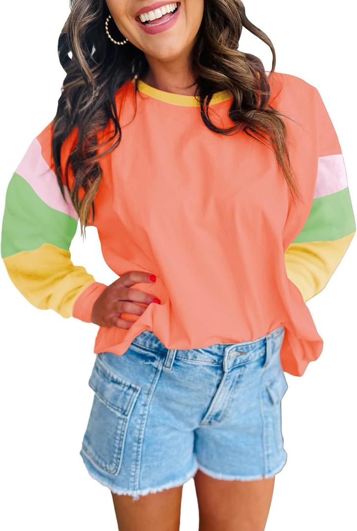 miduo Womens Long Sleeve Tops Color Block Stitching Casual Loose Fit Crew Neck Shirts Blouses (XXL)