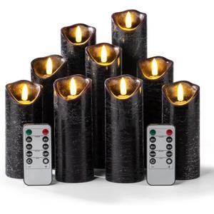 Hausware Set of 9 Flameless Candles Battery Operated LED Real Wax Flickering Electric Candles with Remote Control Timer for Wedding Birthday Halloween Christmas Decorations (Black Color)