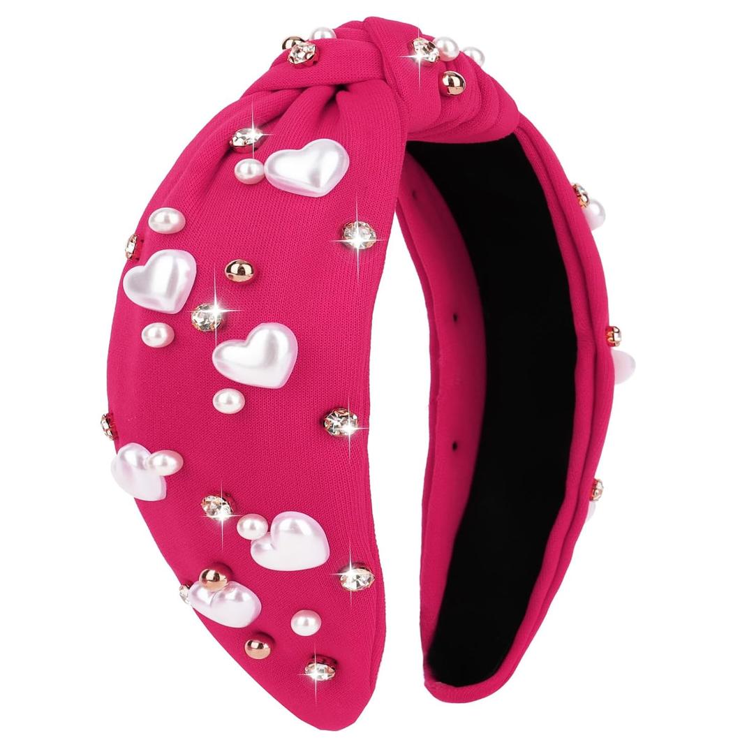 Hot Pink Headbands for Women Love Heart Headband Rhinestone Knotted Headband