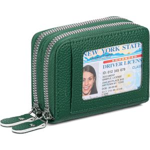 Credit Card Holder Wallet RFID Blocking Leather Small Wallet for Women Double Zipper Wallet with ID Window (Green)