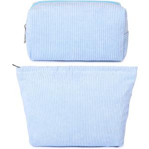 SOIDRAM 2 Pieces Makeup Bag Large Corduroy Cosmetic Bag Capacity Canvas Mix Travel Toiletry Bag Organizer Cute Makeup Brushes Aesthetic Accessories Storage Bag for Women, Corduroy Mix Blue