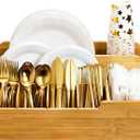Frcctre Bamboo Utensil Caddy Organizer, 8 Compartments Large Paper Plate Holder, Adjustable Utensil Holder Silverware Cutlery Organizer for Plate Cup Fork Spoon Napkin, 16" L x 13" W x 5.5" H