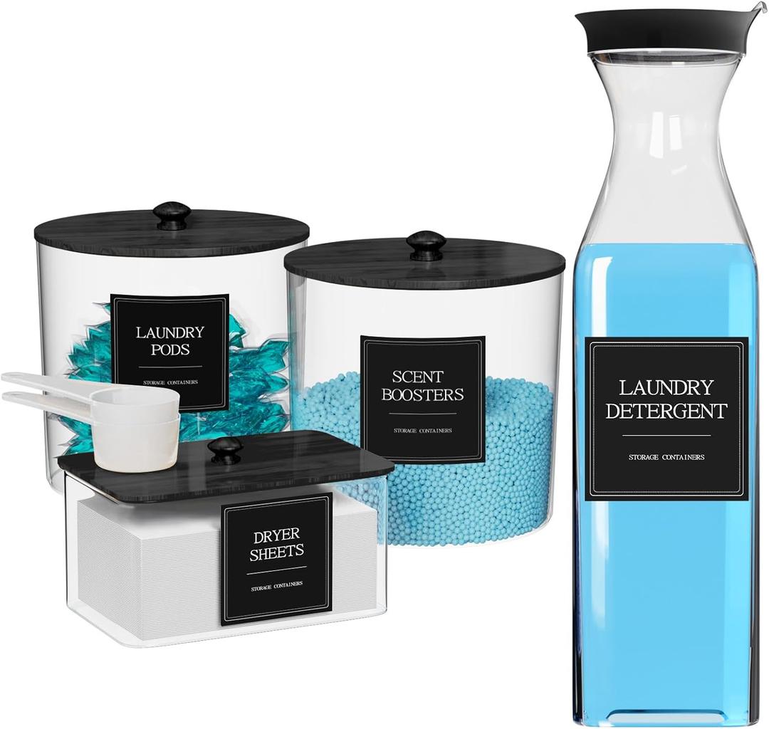 3+1 Pack Laundry Pods Containers & Dryer Sheet Holder & Laundry Detergent Dispenser, Laundry Room Organization and Storage Jars with Lids, Labels and Scoops for Scent Booster Powder Pods, Black Lid