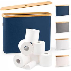 LONBET Toilet Paper Storage for 12 Rolls, Stackable & Foldable - The Ultimate Bathroom Organizer - Waterproof Basket with Bamboo Lid - Elegant Toilet Paper Storage Holder, Blue
