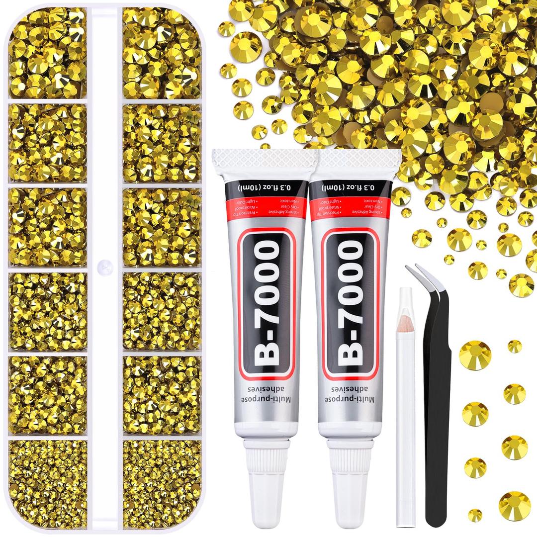 6100Pcs Resin Rhinestones for Crafting with 2Pcs 10ml B7000 Jewelry Glue, 1 Box Flatback Crystals Diamond (Bright Gold) for Bedazzling Crafts DIY Nail ArtNon Hotfix Gems for Clothing Shoes Tumblers