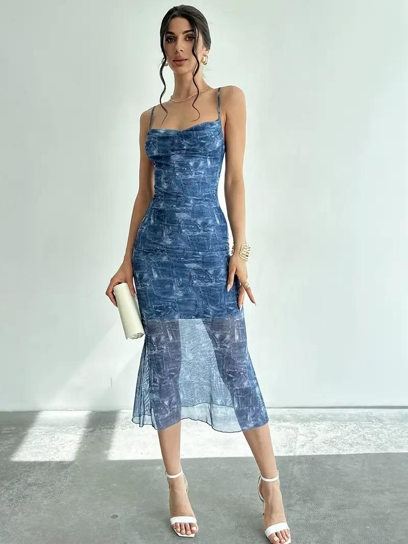 GORGLITTER Women's Floral Wedding Guest Derby Midi Dress Cocktail Summer Boho Beach Going Out Fishtail Sun Dresses Blue, Medium