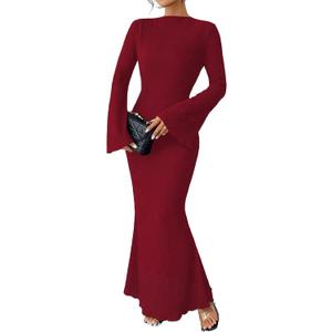 Narecte Fall Dresses for Women 2025 Maxi Dresses Solid Color Boho Dress Flare Sleeve Bodycon Dress (Large, Burgundy)