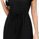 Womens Summer Dresses 2025 Casual Tie Front Short Sleeve A Line Midi Shirt Dress Beach Vacation Clothes (Black, S)