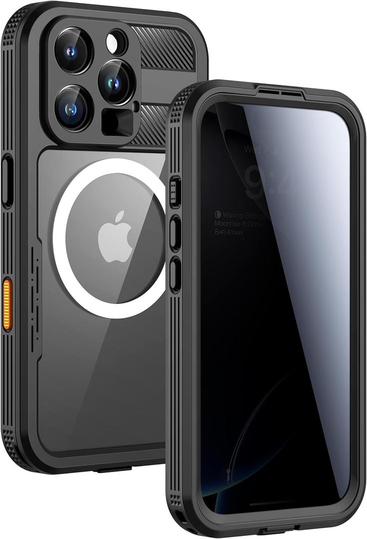 Lanhiem Magnetic for iPhone 16 Pro Case, Built-in Privacy Screen Protector, IP68 Waterproof Dustproof Case, Compatible with MagSafe, Anti-Spy Full Body Phone Case for iPhone 16 Pro 6.3", Black