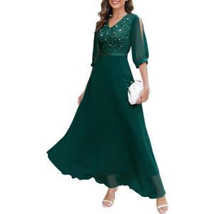 Wedtrend Women's Sequin Dresses Sparkly Glitter Dress Split Sleeves Formal Dresses Maxi Evening Dress (Green, S)
