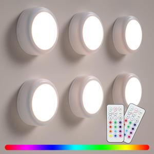 LED Puck Lights with Remote Control, 13-Color Under Cabinet Lighting Wireless, Battery Operated Stick-On Lights, Dimmable Push Light for Closet/Shelf/Wall (6 Pack)