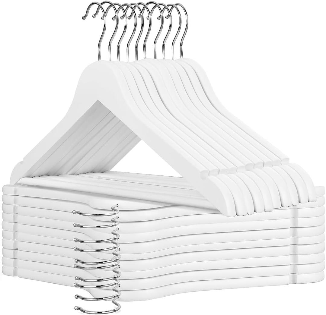AMKUFO Wooden Hangers 20 Pack Wood Suit Hangers Non Slip Wooden Coat Hangers with Smooth Fnish Cut Notches 360 Swivel Hook Clothes Hangers for Jeans Pants Jackets Shirts Dresses, White