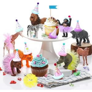 Weysat 27 pcs Animal Birthday Party Decorations Mini Birthday Hat with Pom Poms Figure Model Cake Toppers with Mini Skirt and Hat for Wild Animals Themed Party (Jungle)