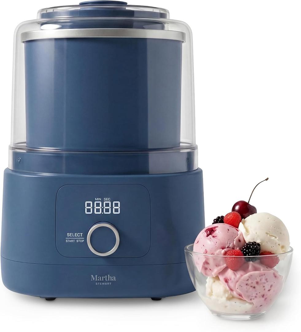 Martha Stewart Ice Cream Maker, 2 Quart Double-Insulated Freezer Bowl, Sorbet & Frozen Yogurt, Ready in 20 Minutes, Mix-Ins Chute, Easy to Clean, Indigo Blue